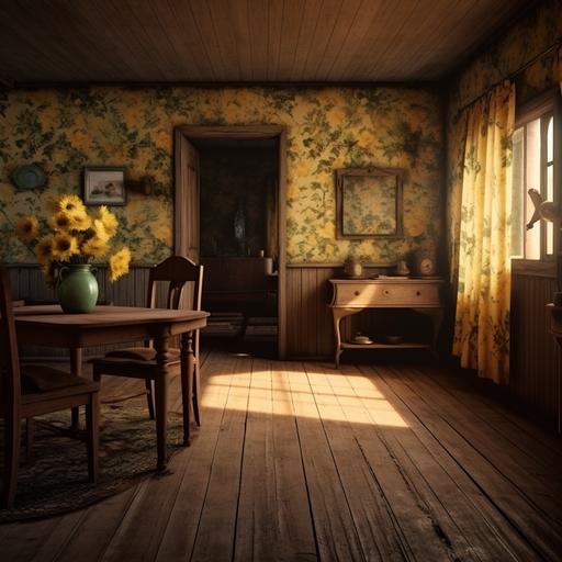 an old vintage small farm house interior with yellow floral wallpaper. wooden floor. 4k realistic. moody lighting. cinematic