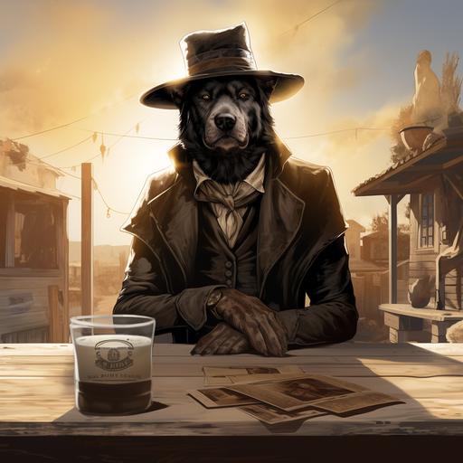 an old west deputy gunslinger as a dog, money on the table, graphic novel style