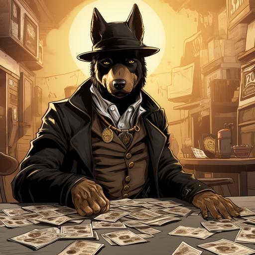 an old west deputy gunslinger as a dog, money on the table, graphic novel style