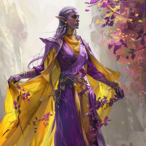 an older but beautiful high elf, purple and yellow clothing, has some magical items, DND 5e character