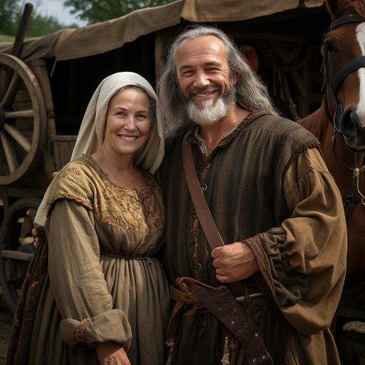 an older medieval couple standing together in front of a covered wagon pulled by two horses. They are smiling. The background is a small medieval village.