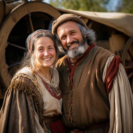 an older medieval couple standing together in front of a covered wagon pulled by two horses. They are smiling. The background is a small medieval village.