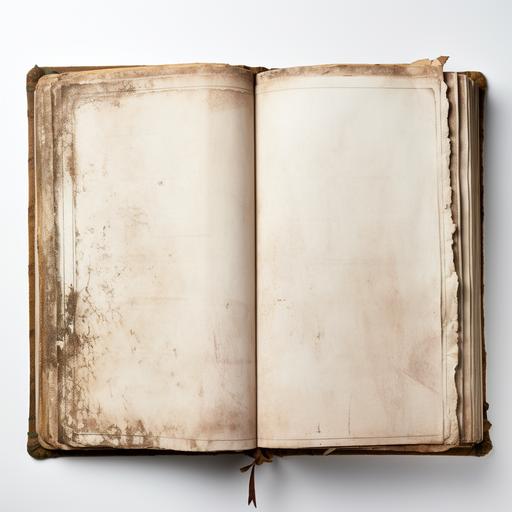 an open antique book, with blank pages, distressed pages, white background