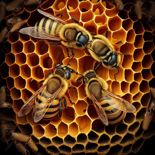 an open bee hive, detailed close up shot of bees on honey comb, photo realistic