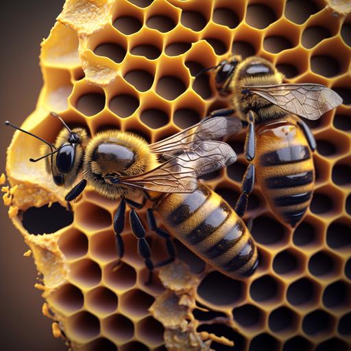 an open bee hive, detailed close up shot of bees on partially capped honey comb, hyper photo realistic ar 2:3