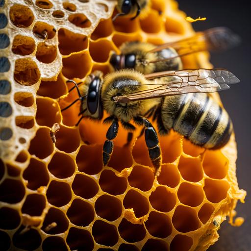 an open bee hive, detailed close up shot of bees on partially capped honey comb, hyper photo realistic ar 2:3