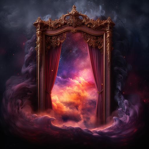 an open carved wood victorian window, with rustic, heavy deep purple velvet asymmetrical drapes, looking out at a fiery red, purple, and blue stirring nebula sky with frothy clouds