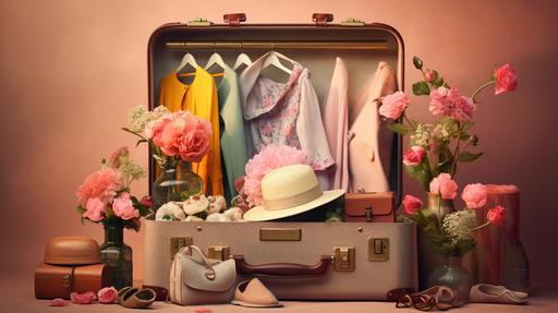 an open suitcase filled with women's spring-themed fashion outfits clear 4k high definition background, Color Film, High-Resolution Post --ar 16:9