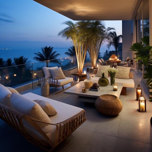 an opulent balcony overlooking a Lagos oceanfront at night tastefully appointed in a modern design in neutral hues with pops of color and some potted indigenous plants and flowers. The coffee table should have one tall blue glass vase with long stem indigenous colorful flowers