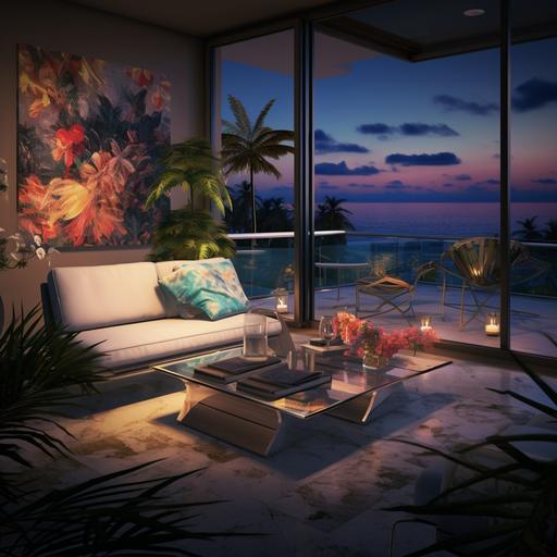 an opulent balcony overlooking a Lagos oceanfront at night tastefully appointed but modestly furnished in a modern design in neutral hues with pops of color and some potted indigenous plants and flowers. The coffee table should have one tall blue glass vase with long stem indigenous colorful flowers. There should be a relatively large but proportional open space in the foreground