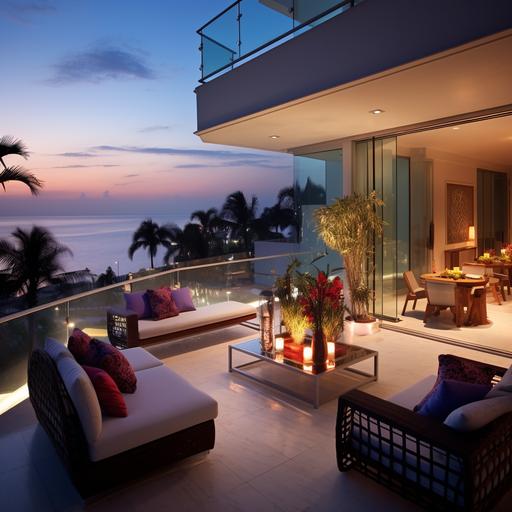 an opulent balcony overlooking a Lagos oceanfront at night tastefully appointed but modestly furnished in a modern design in neutral hues with pops of color and some potted indigenous plants and flowers. The coffee table should have one tall blue glass vase with long stem indigenous colorful flowers. There should be a relatively large but proportional open space in the foreground with a large modern design upholstered chaise lounge