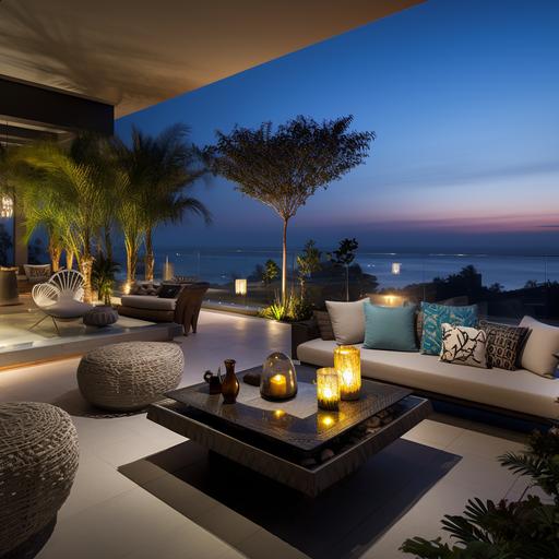 an opulent balcony overlooking a Lagos oceanfront at night tastefully appointed in a modern design in neutral hues with pops of color and some potted indigenous plants and flowers. The coffee table should have one tall blue glass vase with long stem indigenous colorful flowers