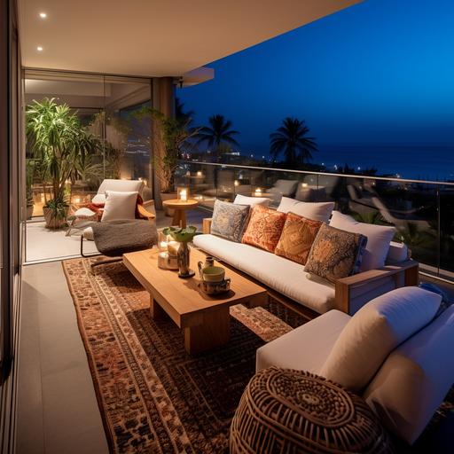 an opulent balcony overlooking a Lagos oceanfront at night tastefully appointed but modestly furnished in a modern design in neutral hues with pops of color and some potted indigenous plants and flowers. The coffee table should have one tall blue glass vase with long stem indigenous colorful flowers. There should be a relatively large but proportional open space in the foreground
