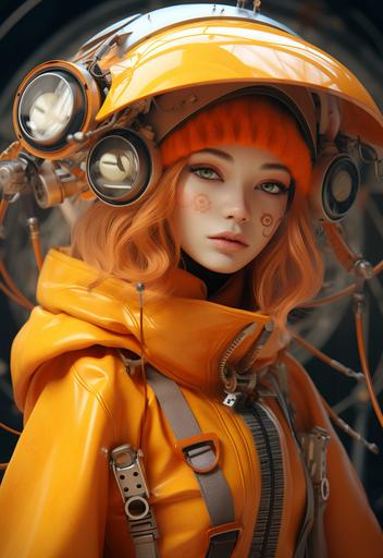 an orange body with a big round eye and a yellow bee costume, in the style of jessica rossier, steampunk influences, leica cl, daz3d, close-up shots, youthful protagonists, jocelyn hobbie --ar 11:16