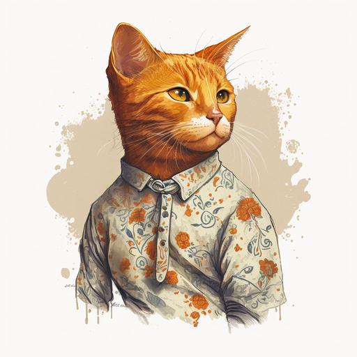 an orange cat smirking wearing an Indonesian batik-print shirt