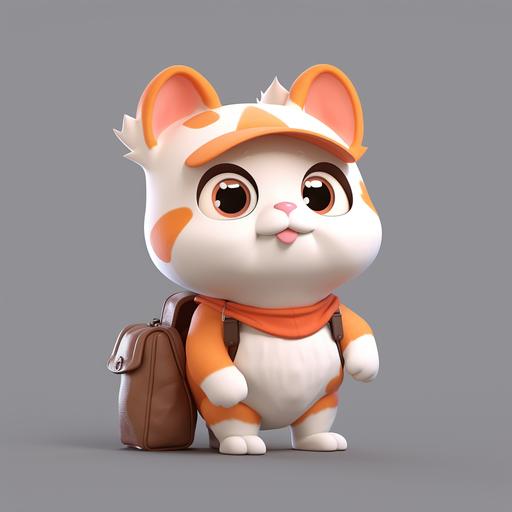 , an orange colour cartoon cat with red colour delivery back bag at the back, cute face, standing, wearing white t-shirt, white background, studio lighting, high details, 3d render, c4d, 8k