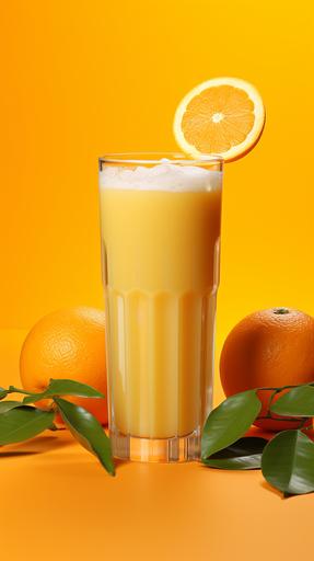 an orange juice glass isolated on an orange background with oranges lying around --ar 9:16 --s 250