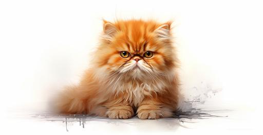 an orange persian cat with a white background and in a painting style --ar 293:151