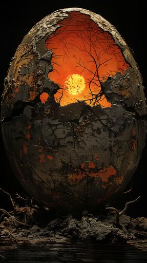 an orange sign that says the archaeopteryx egg, in the style of black background, experimental documentary, soft atmospheric scenes, simplistic characters, tim burton, edgar degas, greg rucka --ar 9:16 --style raw --stylize 750 --v 6.0