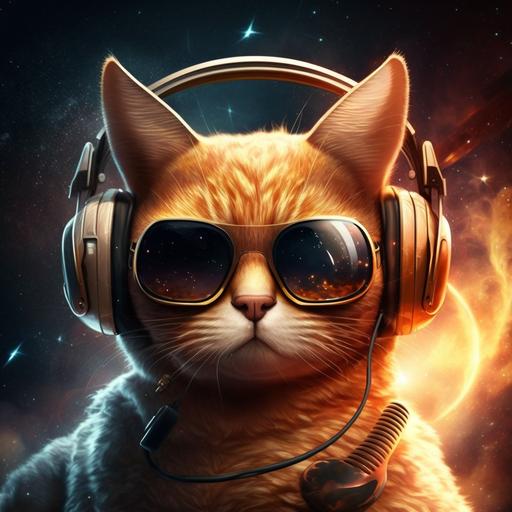 an orange tabby cartoon space cat wearing headphones and sunglasses