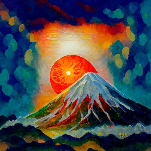an orange tangerine sun emerging above Mount Fuji, Orange fruit sun, gouache painting::3.5 mount fuji visions through a lortal adorned by the red sun, pastel colors Leonid Afremov and Van Gogh brush strokes, swirling sky, tritone, sand::2.2 A glacier mosaic of glinting, colorful shards, each one placed with precision to create a beautiful vision of dieties, artwork by Emil Nolde, Ghada Amer, Cacophonous Exoticism, cyberpunk, nanopunk, glitterpunk, geometric, Key Light --v 4 --c 17 --style 4b --v 4