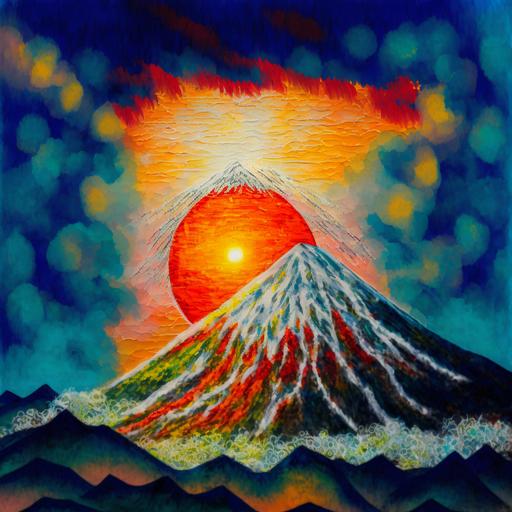 an orange tangerine sun emerging above Mount Fuji, Orange fruit sun, gouache painting::3.5 mount fuji visions through a lortal adorned by the red sun, pastel colors Leonid Afremov and Van Gogh brush strokes, swirling sky, tritone, sand::2.2 A glacier mosaic of glinting, colorful shards, each one placed with precision to create a beautiful vision of dieties, artwork by Emil Nolde, Ghada Amer, Cacophonous Exoticism, cyberpunk, nanopunk, glitterpunk, geometric, Key Light --v 4 --c 17 --style 4b --v 4