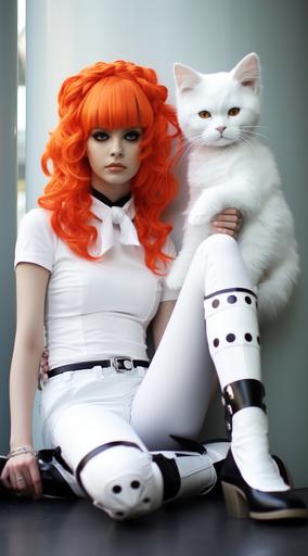 an orange wig and white costume, in the style of body extensions, dark white and white, wetcore, rounded, steel, sandalpunk, streamlined design,next to bauhaus kitten --ar 71:128