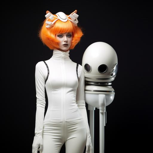 an orange wig and white costume, in the style of body extensions, dark white and white, wetcore, rounded, steel, sandalpunk, streamlined design,next to bauhaus kitten