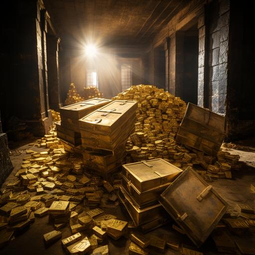 an organized pile of gold bars inside an old bank vault