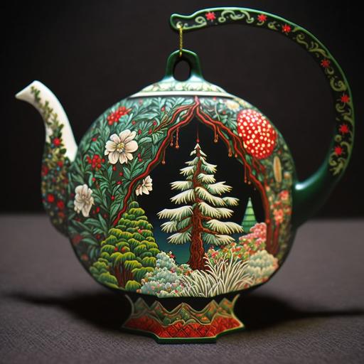 an ornament teapot, christmas themed, Christmass tree, intricate japanese detail, red, white, green,
