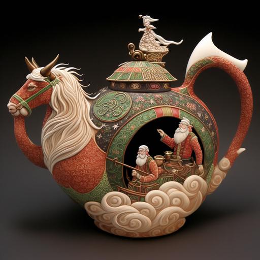 an ornament teapot, christmas themed, santa riding on his sleigh, intricate japanese detail, red, white, green,