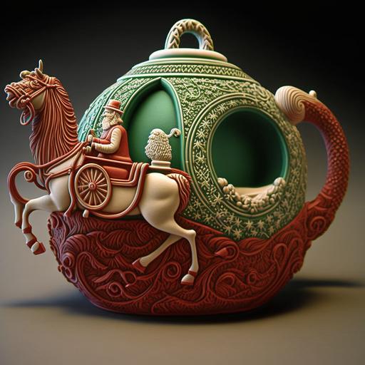 an ornament teapot, christmas themed, santa riding on his sleigh, intricate 1950's American details, red, white, green,