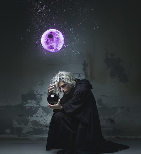 an other hand hold a black solid sphere, purple glowing, particles --v 6.0 --ar 11:12