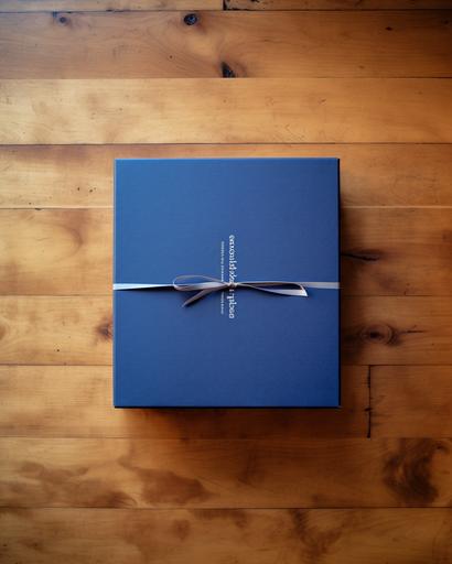 an overhead image of a plain, dark blue gift box sitting on a wooden kitchen countertop --no bow --ar 4:5