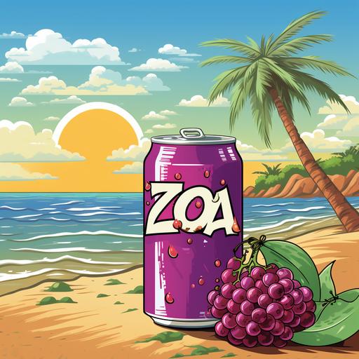 an oversized large soda can with grapes on the soda can and the words zoda on the can with a tropical beach background and grapes bursting from the soda can cartoon