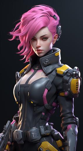 an overwatch female character with pink hair carrying guns, in the style of hyperrealistic sculptures, cyberpunk realism, dark gray and yellow, atey ghailan, slimepunk, ue5, realistic usage of light and color --ar 71:128