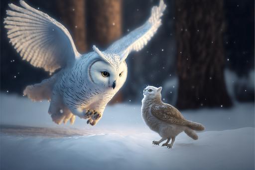 an owl swooping down on a snow white bunny, high quality, cinematic lighting, high quality, photo realistic, 8k --ar 3:2 --q 2 --v 4