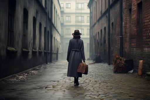 an sinister bright photo of an shabby empty alley in 1920s berlin. very shabby. poor. bright cinematic misty pale daylight. sky. a young 1920s woman in a 1920s coat is walking. the woman is seen from the back. she is carrying a leather holdall. she is wearing a felt hat. 1920s. --ar 3:2