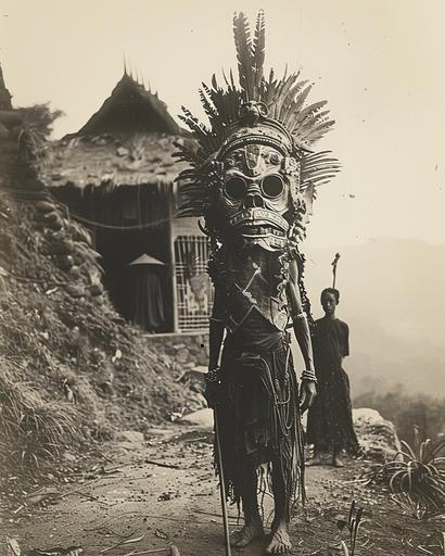 an spooky old photo taken in 1930 of a kelimutu warrior in an indonesian village --ar 4:5 --s 250 --v 6.0