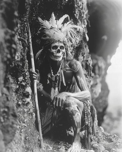 an spooky old photo taken in 1930 of a kelimutu warrior in an indonesian village --ar 4:5 --s 250 --v 6.0