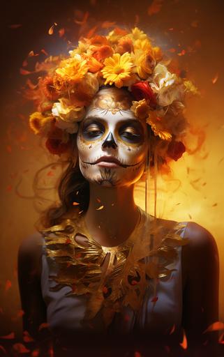 an tract Artistic stylized portrait of Illuminated Latin woman saint. La Bruja. Tradition of Mexican day of the dead--fresh flowers, gold, gold leaf, gold leaf texture, radiance, celebratory grief. memento Mori portrait. Vibrant colour. Photorealistic. --ar 10:16