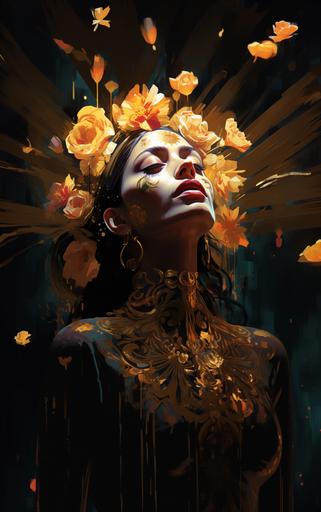 an tract Artistic stylized portrait of Illuminated Latin woman saint. La Bruja. Tradition of Mexican day of the dead--fresh flowers, gold, gold leaf, gold leaf texture, radiance, celebratory grief. memento Mori portrait. Vibrant colour. Photorealistic. --ar 10:16