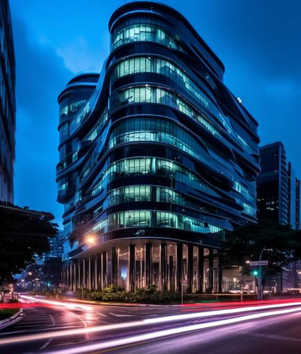 an ultra modern unicake business building in downtown Singapore, creative, expressive, unique, high quality, Canon EOS 5D Mark IV DSLR, f/ 5. 6 aperture, 1/ 125 second shutter speed, ISO 100, Adobe Photoshop, award winning, cinematic lighting, experimental techniques, unusual perspectives, attention to detail, octane render, 16k, --ar 6:7 --q 2 --s 787 --c 11 --v 5.1