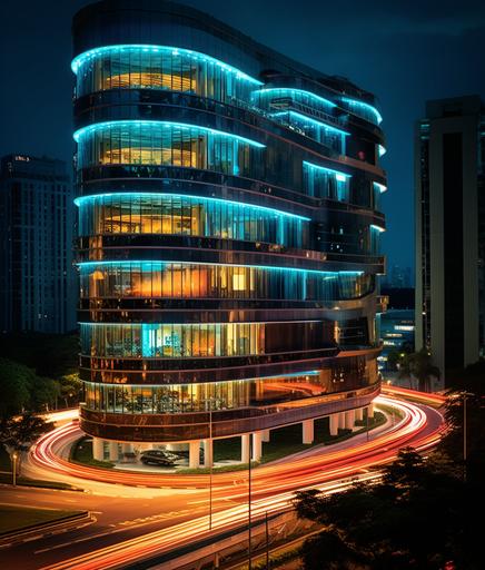 an ultra modern unicake business building in downtown Singapore, creative, expressive, unique, high quality, Canon EOS 5D Mark IV DSLR, f/ 5. 6 aperture, 1/ 125 second shutter speed, ISO 100, Adobe Photoshop, award winning, cinematic lighting, experimental techniques, unusual perspectives, attention to detail, octane render, 16k, --ar 6:7 --q 2 --s 350 --c 5 --v 5.1