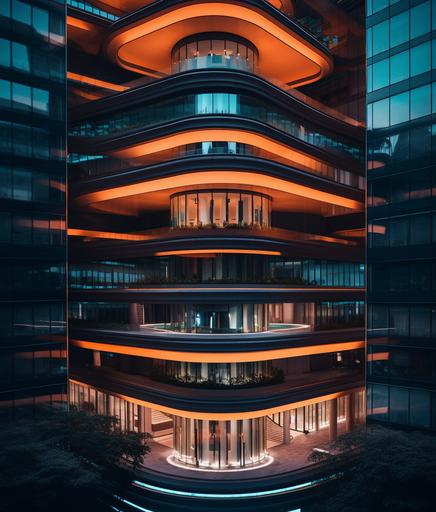 an ultra modern unicake business building in downtown Singapore, creative, expressive, unique, high quality, Canon EOS 5D Mark IV DSLR, f/ 5. 6 aperture, 1/ 125 second shutter speed, ISO 100, Adobe Photoshop, award winning, cinematic lighting, experimental techniques, unusual perspectives, attention to detail, octane render, 16k, --ar 6:7 --q 2 --s 350 --v 5.1