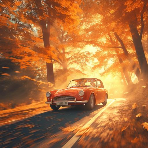 an ultra realistic and bright and vibrant photo of an MGB driving through an Autumn Forest at sunset. --niji 6