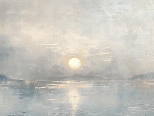 an ultra realstic and extremely large scale,textured image of the sun setting over a lake, in great detail using extremely pale colours that are almost white --ar 4:3 --v 6.0