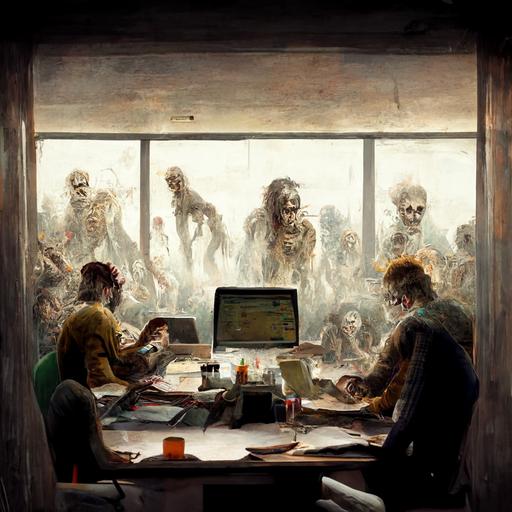 an ultrarealistic illustration of bored zombies working at their desks in a coworking space