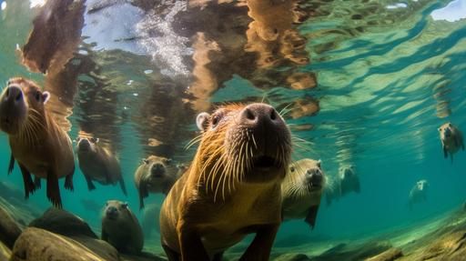 an underwater photograph of a shoal of hundreds of swimming capybaras, dynamic low-angle perspective, fish-eye lens, intimidating atmosphere --ar 16:9 --v 5.1 --style raw