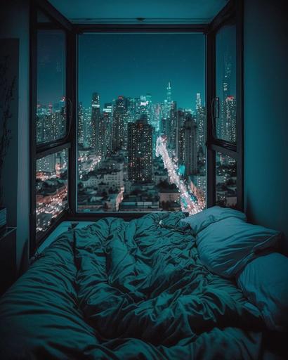 an unmade bed with a view of a city at night, by Zack Stella, reddit, cai xukun, jaw-dropping beauty, real life size, flawless structure, photo pinterest, high - angle view, sleep with love, real life picture, spine-chilling, dreaming of kissing a girl, night time footage --ar 4:5
